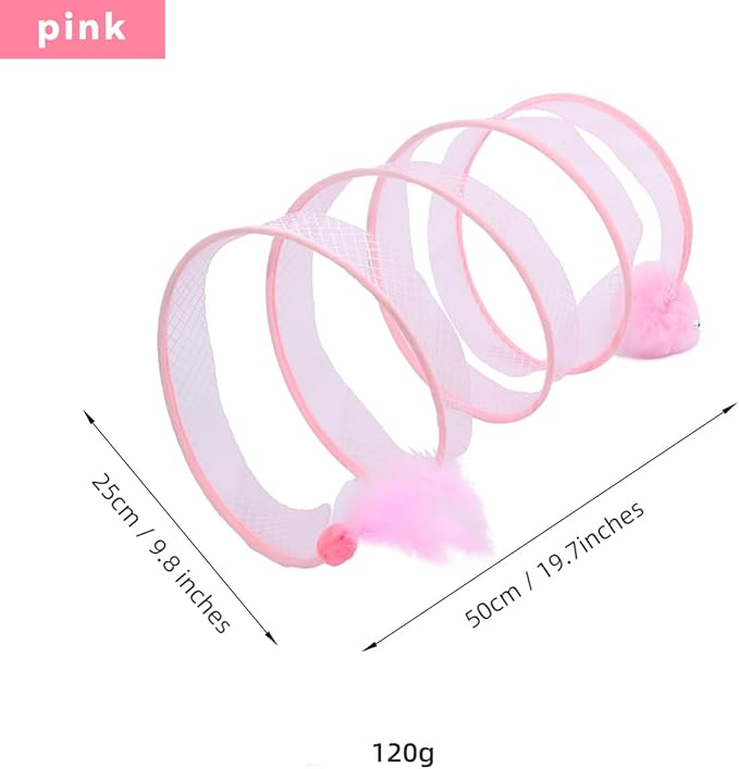 Folded Cat Tunnel, Cat Tunnel for Indoor Cats, Collapsible Cat Tunnel with Feather and Bell, Folded Cat Tubes, Cat Spring Toys for Rabbits and Cats, Portable Pet Toy (Pink)