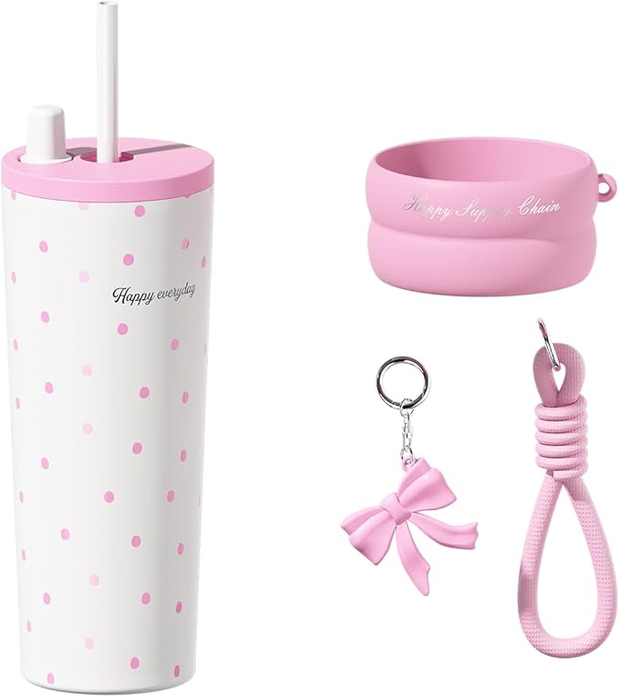 24 oz Cute Portable Iced Coffee Travel Tumbler with Straw For Women, Sidagar Water Bottle for Hot and Cold Coffee Mug, Reusable Portable Water Bottle, Metal Thermal Cup Leak Proof, Pink Dot