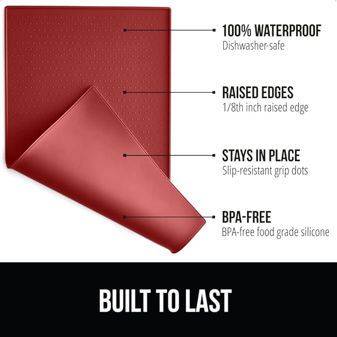 GORILLA GRIP 100% Waterproof Raised Edge BPA Free Silicone Pet Feeding Mat, Dog Cat Food Mats Contain Spills Protects Floors, Placemats for Cats and Dogs Water Bowl, Pets Accessories 16x10, Red