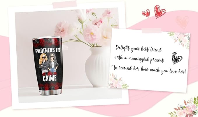 34HD Partners in Crime Tumbler with Lid, 20oz Stainless Steel Bestie Drinking Cup, BFF Coffee Mug, Best Friends Gifts for Birthday Christmas, Funny Friends Gift Ideas for Women