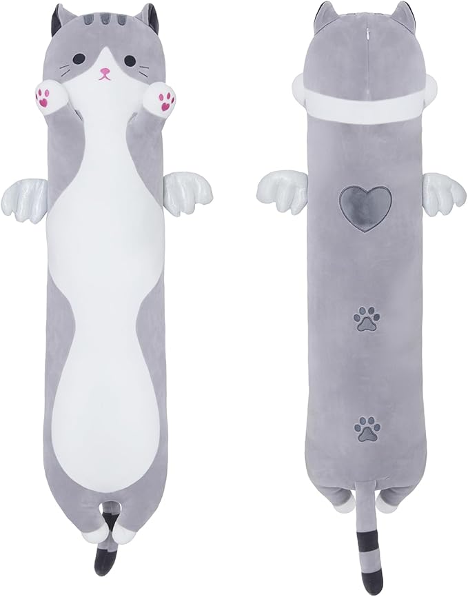 Soft Cat Plush Pillow, Grey Long Cat Stuffed Animals Soft Long Kitten Plushies Kawaii Cat Stuffed Plush Toy for Kids Girlfriend(50cm/19.6inch)