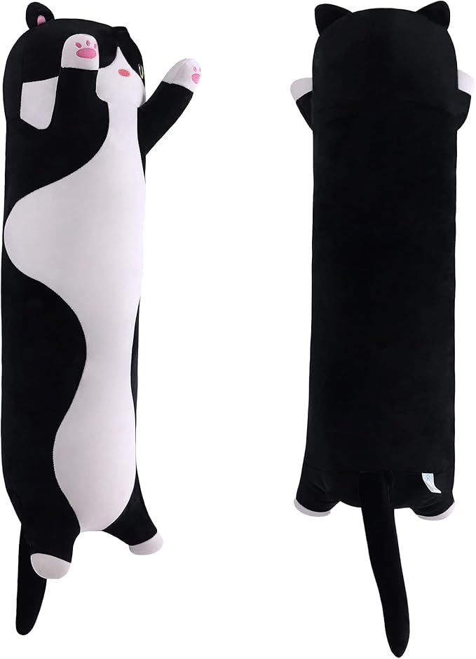 Soft Plush Cat Body Pillow, Long Stuffed Animal Toy Kitten Throw Pillow Gift for Kids, Girlfriend (110CM, Black)
