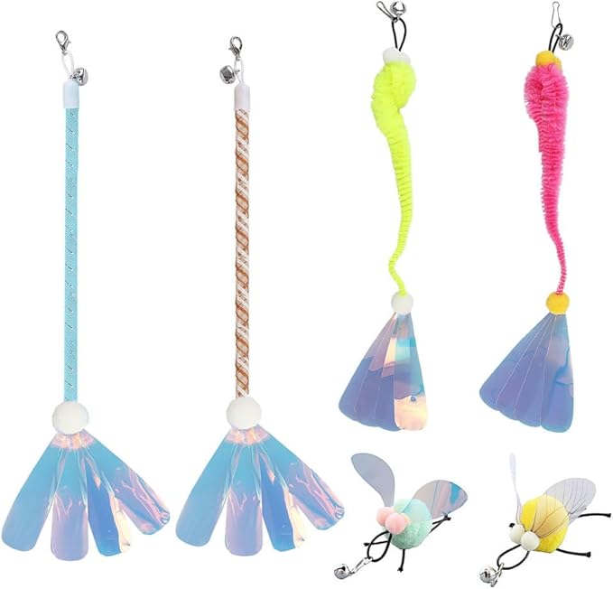 MiOYOOW Cat Wand Toy Refills, 6PCS Sequins Cat Insect Toy Interactive Cat Wand Replacement with Bells for Indoor Cats Kittens