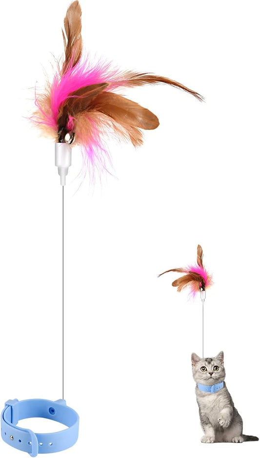 Cat Teaser Wand Toy, Cat Teasing Wand Collar Silicone Adjustable Cat Wand Toy Feather with Bell Cat Interactive Teaser Toys for Indoor Cat Kittens Playing Exercise (Blue)