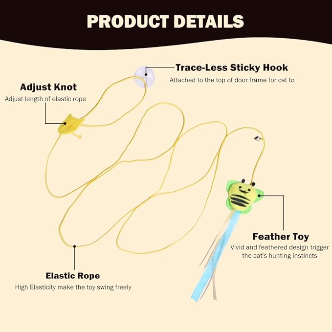 NUMINA 5 Pack Hanging Interactive Cat Feather Toys, Retractable Teaser Toy for Cat Kitten Play Chase Exercise, Interactive Cat Toys for Indoor Cats, Kitten Mental Exercise Hanging Cat Toy with Bel