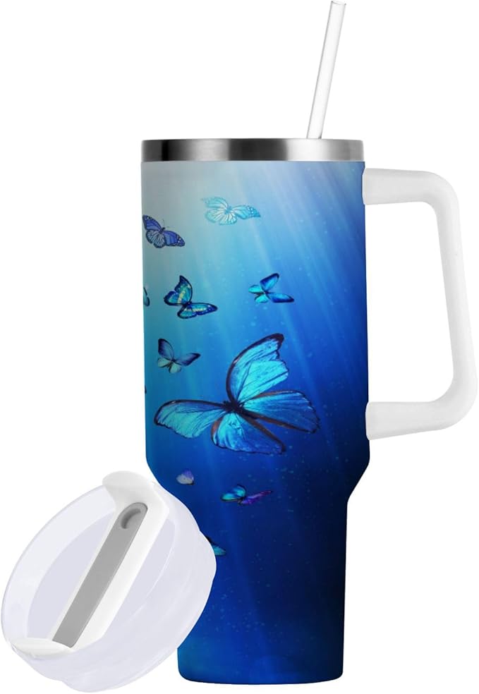 Boccsty Butterflies Blue Animal Insulated Tumblers Reusable Stainless Steel Tumbler 40 oz Cup Coffee Travel Mug Water Bottle with Handle & Flip Straw for Home Office Car