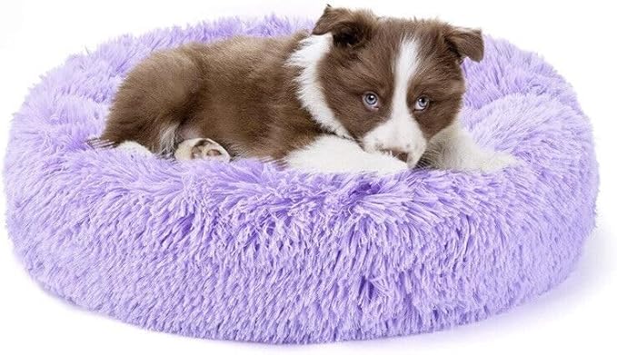 Cat Beds for Indoor Cats - Cat Bed Washable 24 inches, Dog Beds for Small Medium Dogs, Anti Anxiety Round Fluffy Plush Faux Fur Cat Bed, Thick Bottom (Purple, Large)
