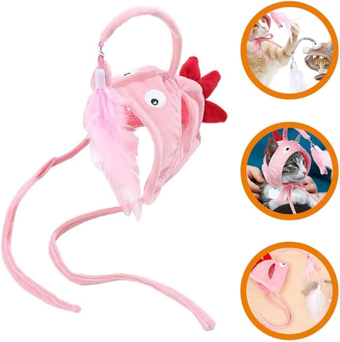 POPETPOP Pet Cat Teaser 2pcs Head Mounted Cat Headgear Interactive Self-Service Adjustable Size Cat Hat Feather (Pink)