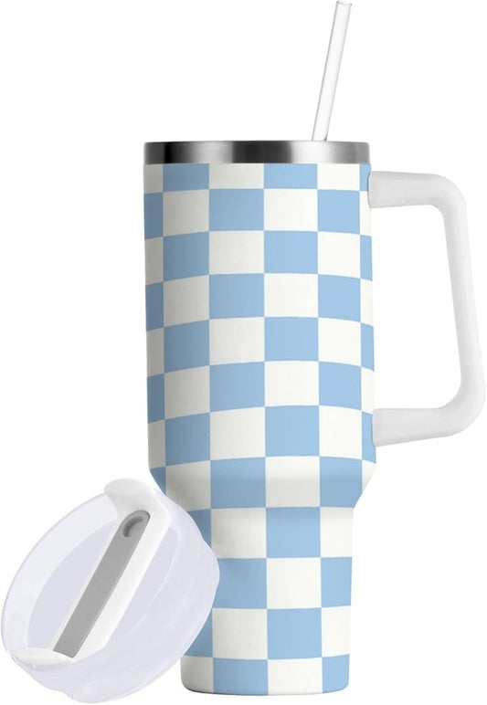 Boccsty Checkered Colorful Blue Insulated Tumblers Reusable Stainless Steel Tumbler 30 oz Cup Coffee Travel Mug Water Bottle with Handle & Flip Straw for Home Office Car