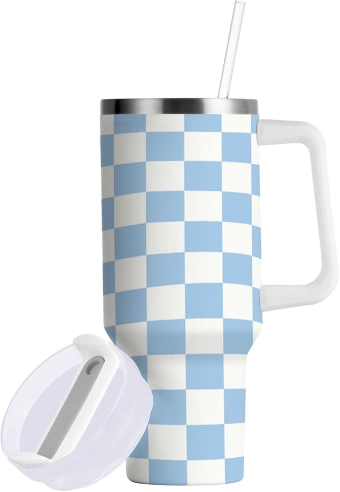 Boccsty Checkered Colorful Blue Insulated Tumblers Reusable Stainless Steel Tumbler 40 oz Cup Coffee Travel Mug Water Bottle with Handle & Flip Straw for Home Office Car