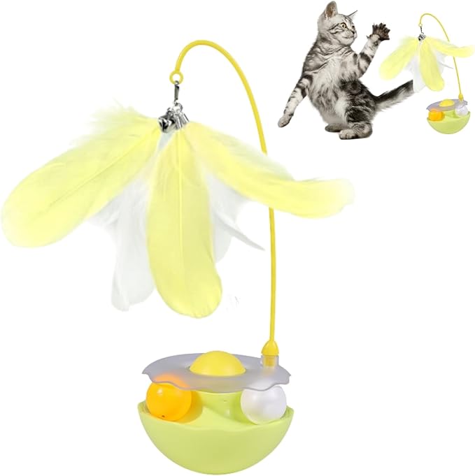 Interactive Cat Feather Toys, Catnip, Track Balls, Cat Teaser for Indoor Cats and Kittens Exercise (Yellow)