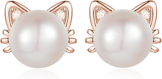 925 Sterling Silver Freshwater Pearl Cat Stud Earrings for Women, Cat CZ Studs Hypoallergenic Jewelry Gift