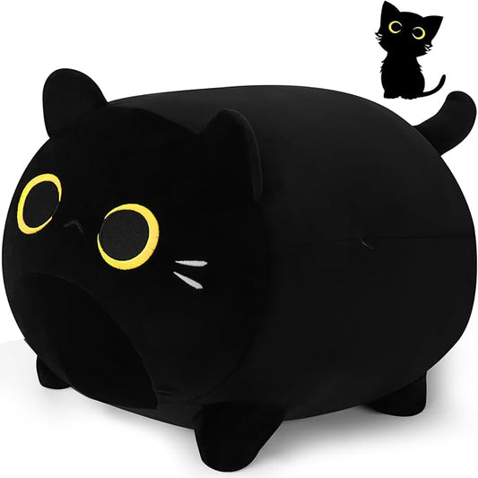 Black Cat Plush Pillow - 20'' Plushie, Gold Eyes, Anime Cat Plush, Cute Stuffed Animal, Birthday Gift for Kids