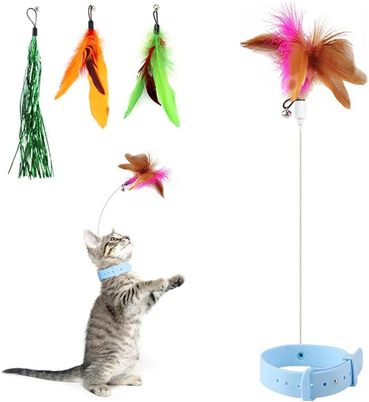 Cat Feather Collar Toy, Interactive Cat Toys for Indoor Cats Self Play Funny Teaser Wand Neck 3-in-1 Cat Collar Toy Feathers with Bell & 3 Refills Hands Free for Cats Play Blue