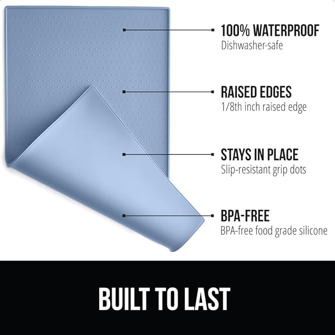 GORILLA GRIP 100% Waterproof Raised Edge BPA Free Silicone Pet Feeding Mat, Dog Cat Food Mats Contain Spills Protects Floors, Placemats for Cats and Dogs Water Bowl, Pets Accessories 28x18 Blue