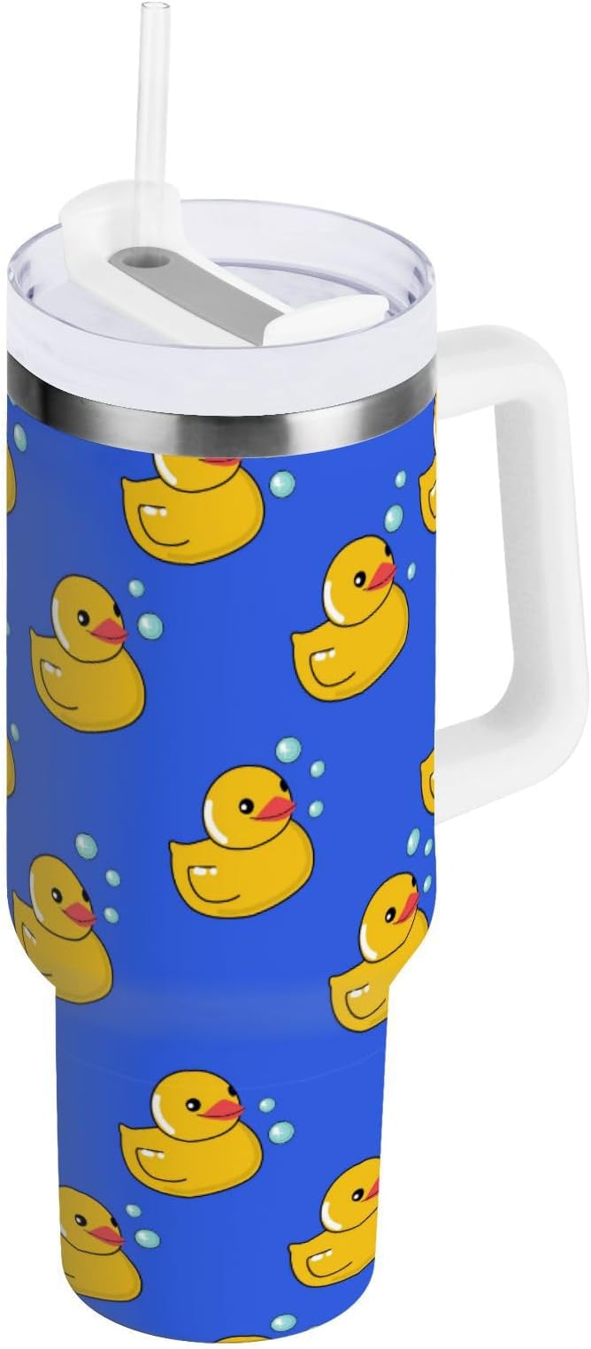 Boccsty Rubber Yellow Duck Blue Insulated Tumblers Reusable Stainless Steel Tumbler 40 oz Cup Coffee Travel Mug Water Bottle with Handle & Flip Straw for Home Office Car