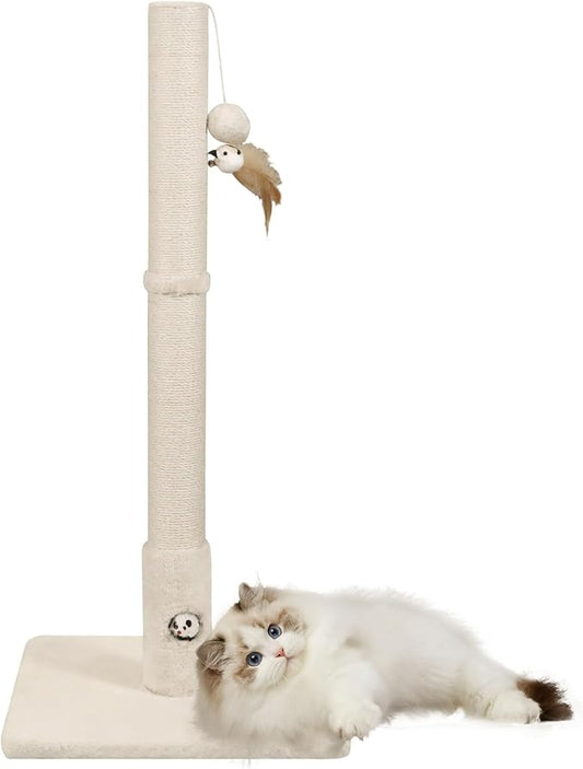 Cat Scratching Post with Premium Sisal Rope for Indoor 34in Tall Scratcher Post Tree with Mouse Hole, Hanging Ball for Adult Cats and Kittens White Scratch Tree