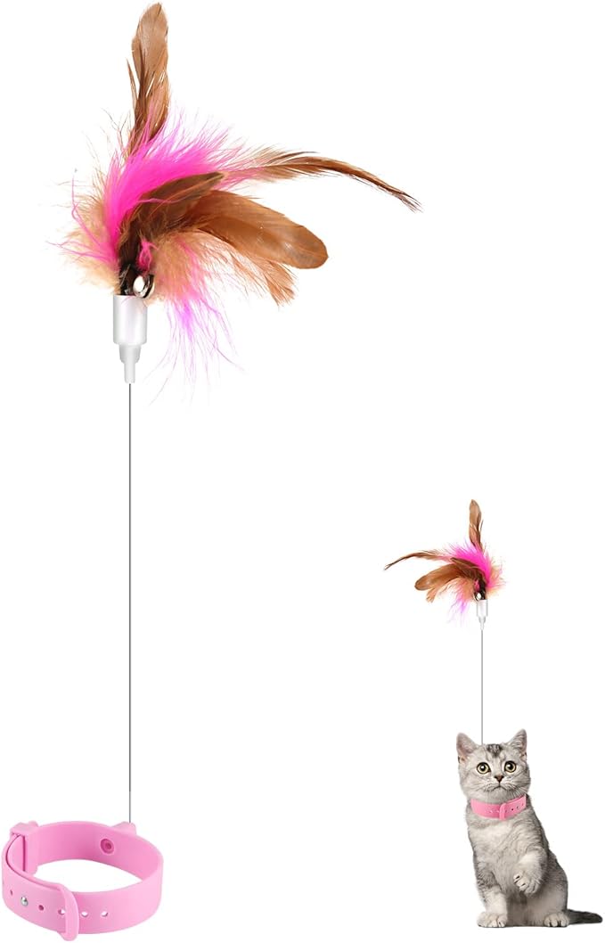 Cat Teaser Wand Toy, Cat Teasing Wand Collar Silicone Adjustable Cat Wand Toy Feather with Bell Cat Interactive Teaser Toys for Indoor Cat Kittens Playing Exercise (Pink)