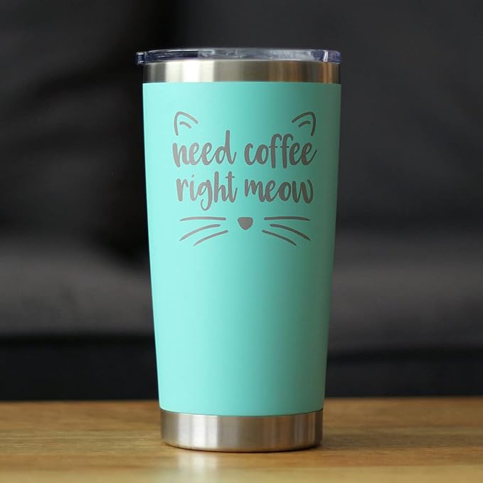 Bevvee Need Coffee Right Meow - Insulated Coffee Tumbler Cup with Sliding Lid - Stainless Steel Insulated Mug - Cat Themed Coffee Gifts - Teal