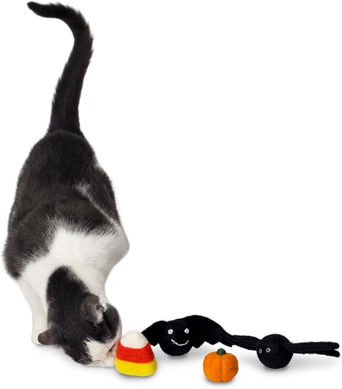 Midlee Halloween Felt Cat Toys Set- Bat, Pumpkin, Spider, Candy Corn