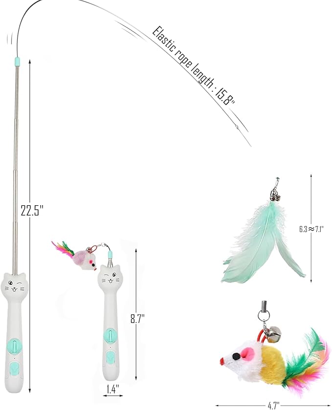 Cat Toys for Indoor Cats Retractable Cat Wand, with Feather & Mice, 3-in-1 Laser Pointer Interactive Cat Toy, 5 Modes, Kitten Toy for Indoor Cat and Dog (Green)