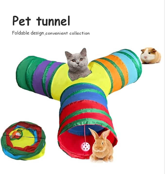Cat Tunnel Tube Toys, Rainbow Tunnels for Indoor Cats, 3 Way Collapsible Interactive Toy Maze House with Peek Holes Dangling Ball for Rabbit, Kitten, Kitty, Puppy