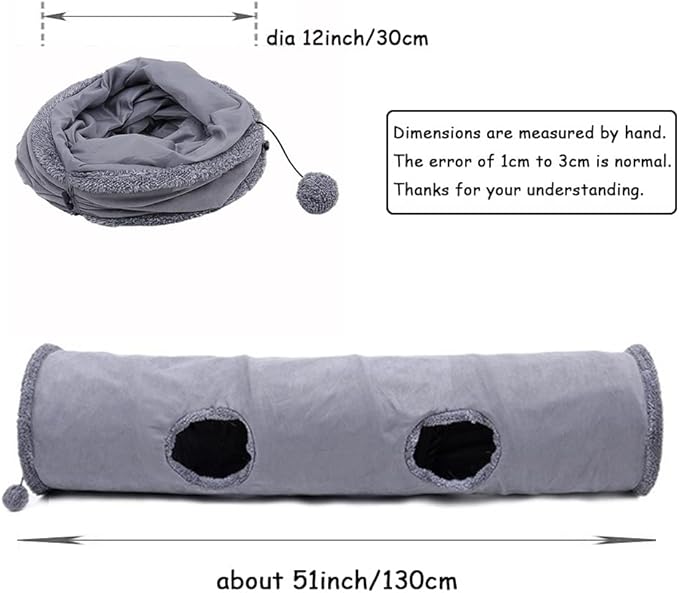 Collapsible Cat Tunnel, Durable Suede Pet Toys Play Tunnel with Ball and Hole, for Cats, Rabbits, Kittens, Puppy and Small Pets (Grey 51x12inch)
