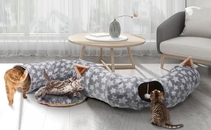 Cat Bed Tunnel Tree Skirt, Round Cave Donut Play Tunnels for Indoor Cats Large, 2 in 1 Soft Plush Mat and S Shape Collapsible Circle Tube with Zippers Hanging Ball Toy