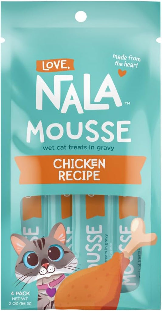 LOVE, NALA - Natural Lickable Cat Squeeze Up Treat,Topper - Chicken Mousse - Wet Food Cat Puree - Grain Free, Fiber Blend, Minerals, Vitamins - 4 Pack 2 oz.