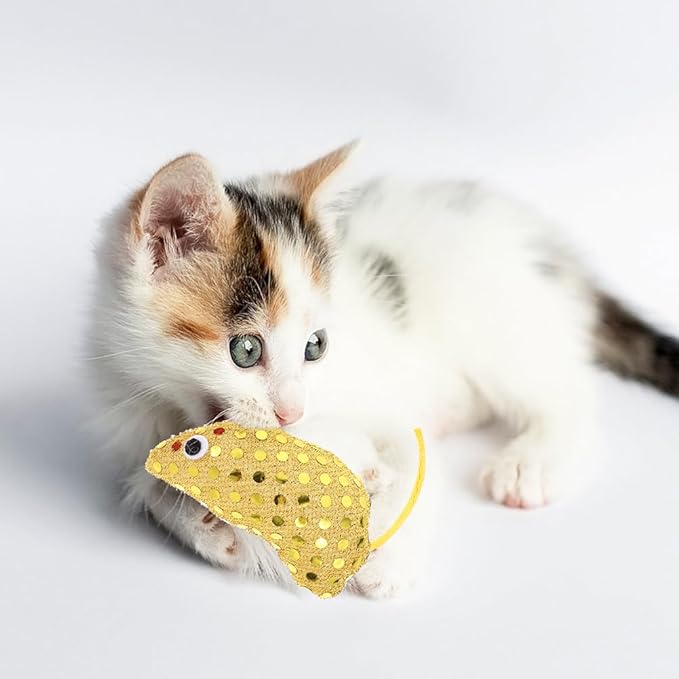 LOGOFUN 6pcs Cat Mouse Toys Plush Mouse Kitten Toys with Sequin Glitter Mouse Shaped Cat Catnip Toys for Indoor Cats Kitten Pet Supplies - Red & Yellow