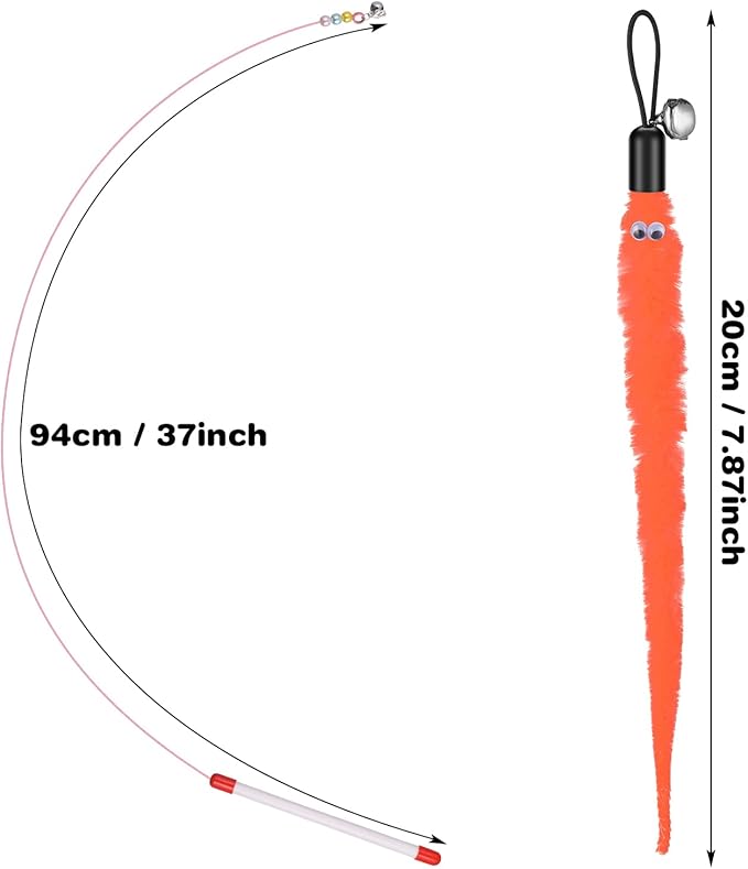 cobee Cat Toys Wand Replacement, 6pcs Furry Tail Worms with Bells + Cat Fishing Pole Toy, Cat Wand Toy Replacement Refills, Assorted Teaser Refills with Bell for Cat Kitten