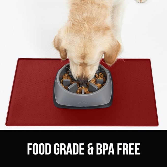 GORILLA GRIP 100% Waterproof Raised Edge BPA Free Silicone Pet Feeding Mat, Dog Cat Food Mats Contain Spills Protects Floors, Placemats for Cats and Dogs Water Bowl, Pets Accessories 16x10, Red