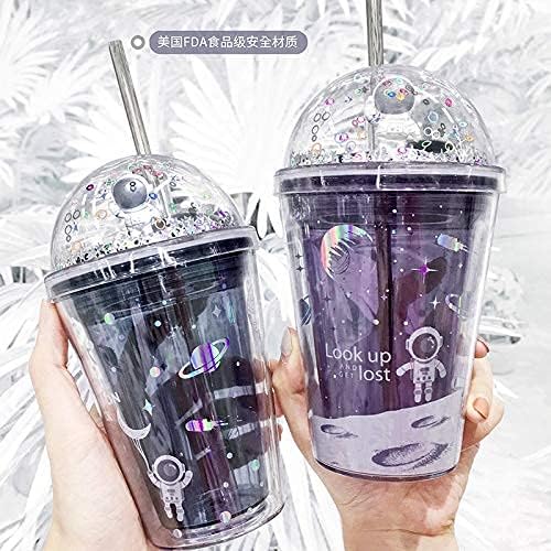 Astronaut Cup with Straw Ice Coffee Tumblers Party Cups Space Reusable Plastic Cup Birthday Gift (Astronaut purple, 380ml)