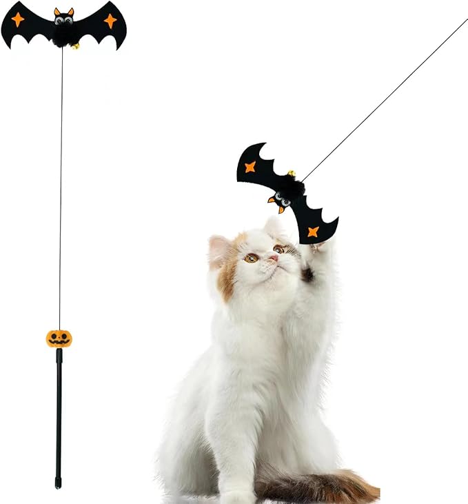 Halloween Decor Cat Toy - Feather Teaser, Cat Wand Toys, and Bell Refills, Interactive Catcher Teaser, and Exercise Playing Toy for Kittens or Cats (Black)