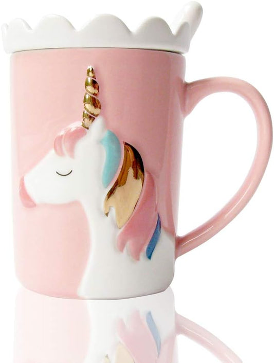BigNoseDeer Unicorn Mug, Cute Ceramic Coffee Mug with Lid Spoon,Cute Mugs for Coffee Tea Milk,Cut stuff Unicorn Gifts for Girls Cute Gifts for Women (Pink 13oz)