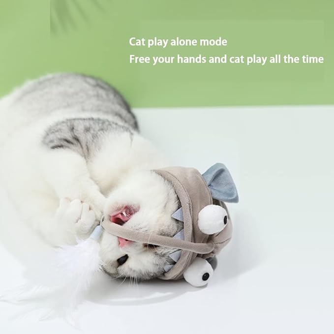 Head Mounted Cat Headgear Self Service Cat hat Feather Toy Cat Toys Interactive Cat Toys cat Head Adjustable Size (Grey Bigeye Fish)