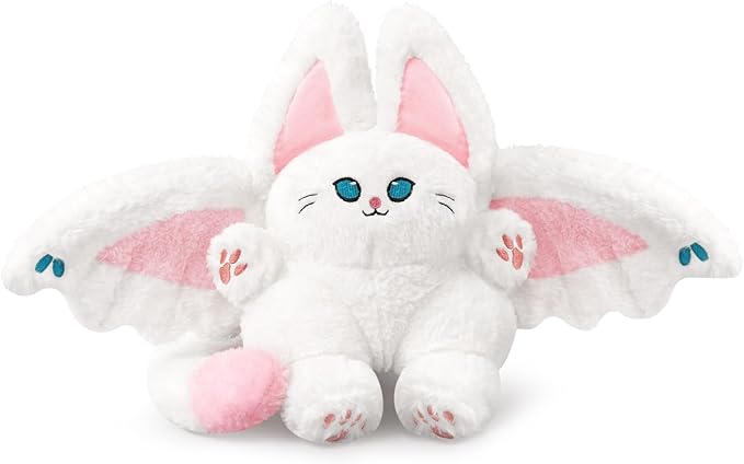 PEACH CAT Cute Bat Cat Plush Pillow Kawaii Bat Cat Stuffed Animal Toys for Kids White and Pink 12"