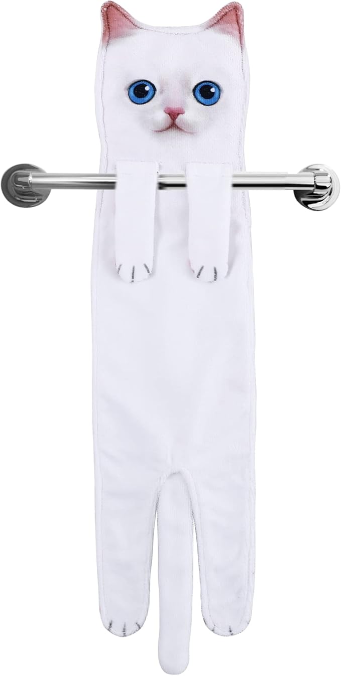 Funny Hand Towels for Bathroom Kitchen - Cute Decorative Cat Decor Hanging Washcloths Face Towels Super Absorbent Soft - Mothers Day Easter House Warming Birthday Gifts for Women Cat Lovers-White