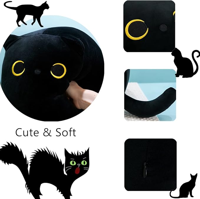 Long Black Cat Plush Body Pillow, 19.68'' Kawaii Kitten Sleeping Pillow, Soft Stuffed Animal Sofa Toy Gift for Kids Girlfriend