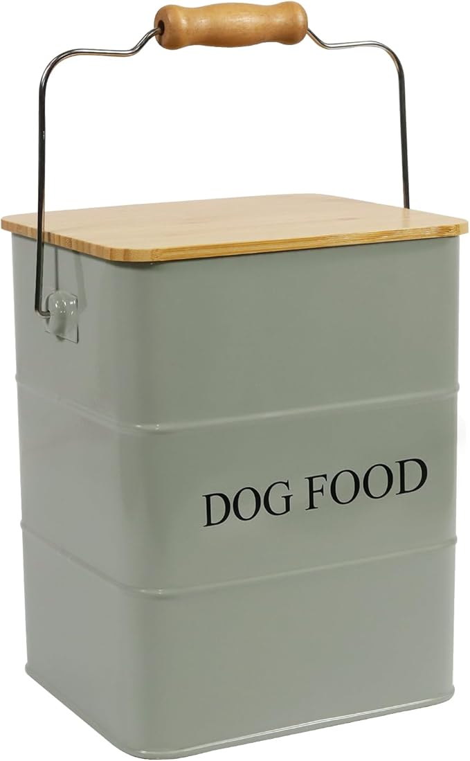 Dog Food Storage Container Dog Treats Jar, Metal Food Treats tin for Dog, pet Snacks Canisters with Wooden lid/Handle/sevice Scoop,Hold 5-6 lbs-Green
