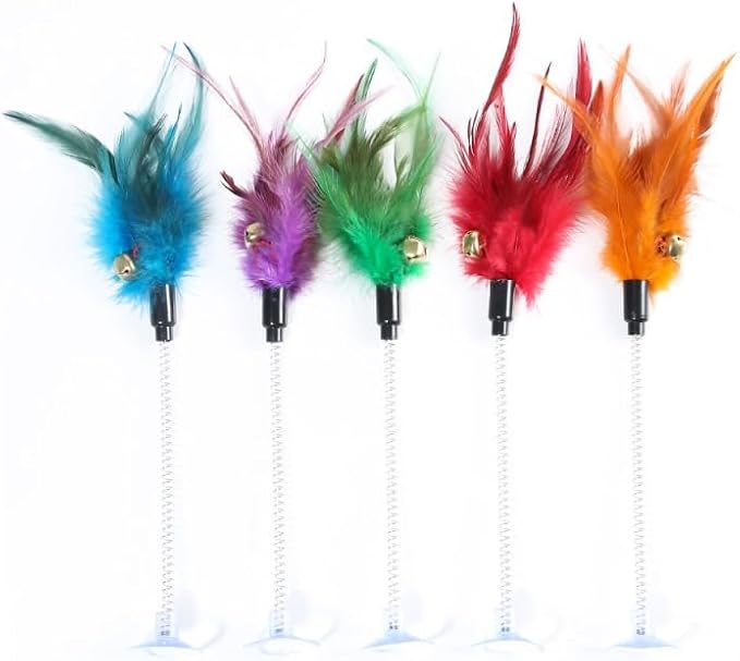 JJLFresheners 1Pc Random Color Cat Feather Stick Spring Suction Cup Pet Teaser Funny Interactive Wand Cat for Indoor Cats Interactive Mouse Cat Feather
