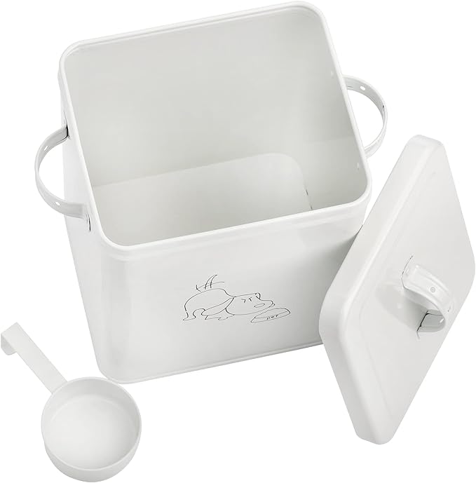 SOUJOY Pet Treat and Food Storage Bin with Lid and Scoop, 6LBS White Vintage Farmhouse Storage Tin, Coated Carbon Steel Canister, Gift for Dogs Owners