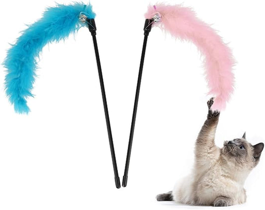 Hypeety Interactive Cat Toys Feather Wand Teaser Cat Wand Feather Rod with Bells for Indoor Cat Kitten Fun Interactive Toys 2pcs (Random Color)