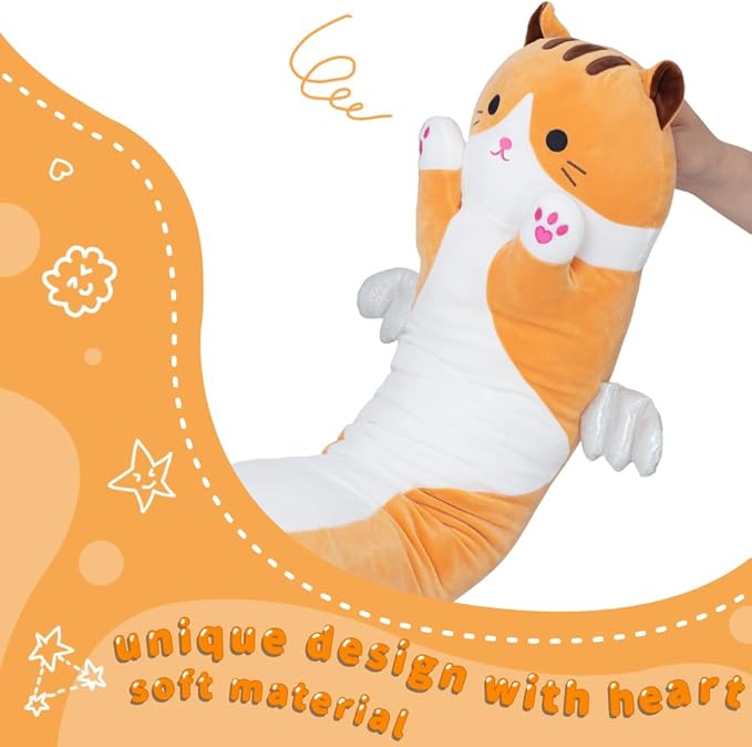 Long Cat Plush Body Pillow, Cute Cat Plush Toy Pillows with Wings, Stuffed Animals Kitten Soft Plushies Gifts for Kids Girls Girlfriend(Yellow, 27.6in/70cm)
