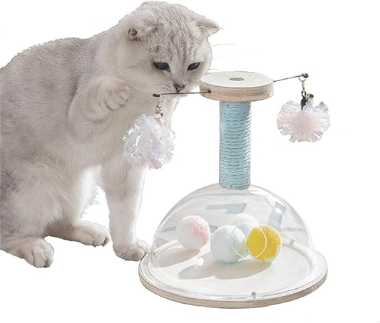Marchul Cat Ball Toy with Hanging Balls, Wooden Cat Fetch Ball Toy, Sisal Scratcher Interactive Kitten Fun Track Toy for Indoor Cats Physical Exercise, S