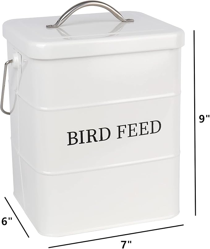 DEAYOU Metal Bird Seed Container with Scoop, Treats Storage Bin, Coated Carbon Steel, Tight Fitting Lid, White