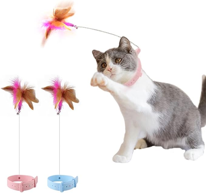 Cat Teasing Wand Silicone Collar Hands Free Toy with Bell and Feathers Interactive Cat Toys (Blue-Pink 2pcs Set)