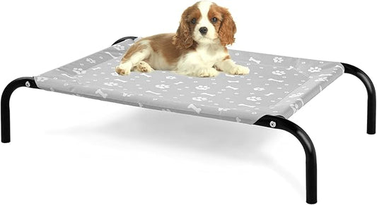 Elevated Dog Bed with Metal Frame, Raised Dog Bed with Waterproof Mesh, Dog Cot with No-Slip Rubber Feet, Portable Pet Bed. S(35.4" L x 22" W x 8" Th) Grey
