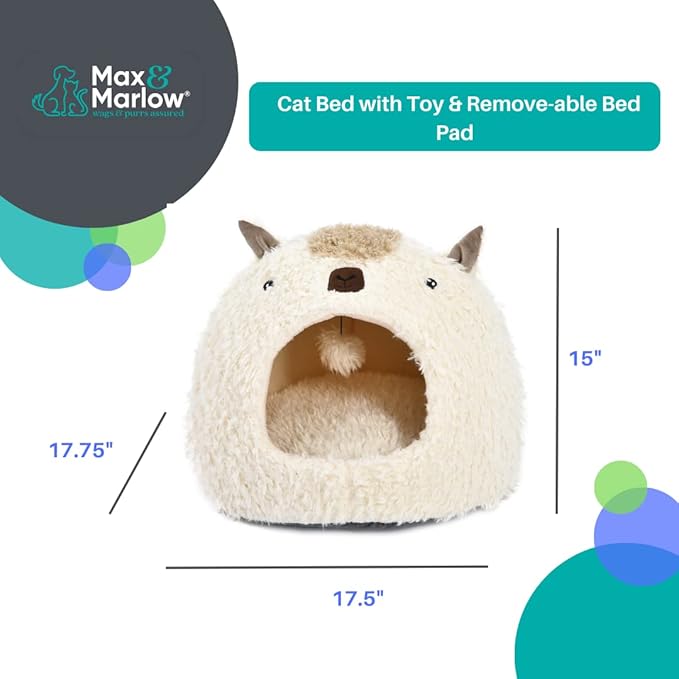 Max & Marlow Cat Covered Pet Bed with Removable Bed Pad, Cream, Medium