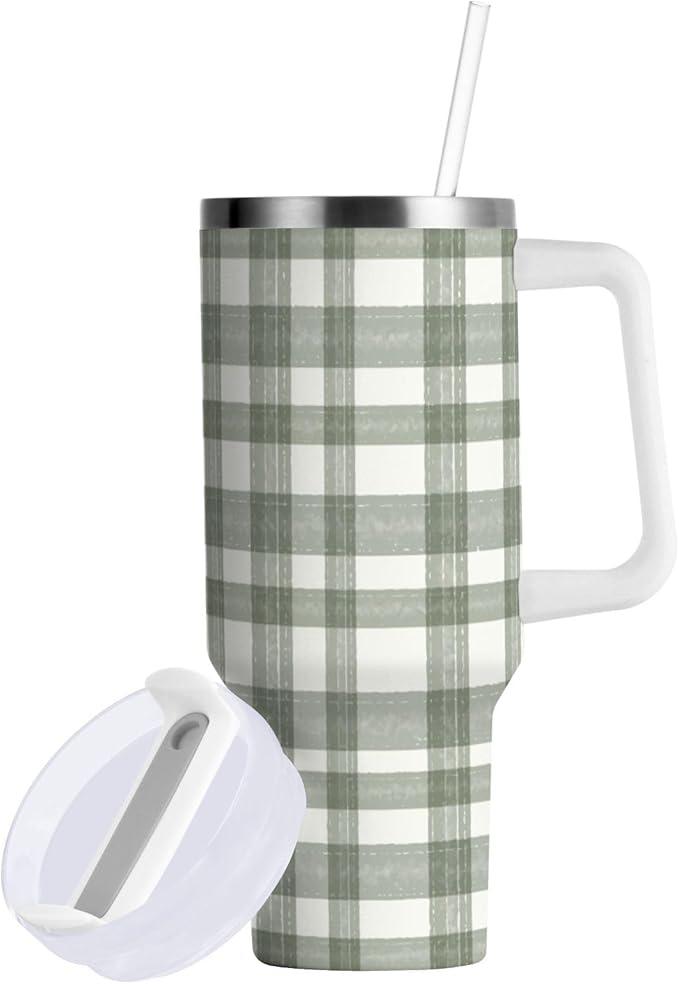 Boccsty Watercolor Sage Green Plaid Insulated Tumblers Reusable Stainless Steel Tumbler 40 oz Cup Coffee Travel Mug Water Bottle with Handle & Flip Straw for Home Office Car